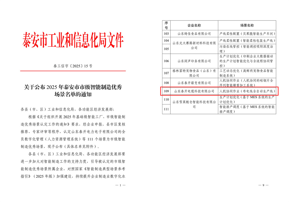 泰安市智能制造優(yōu)秀場景
